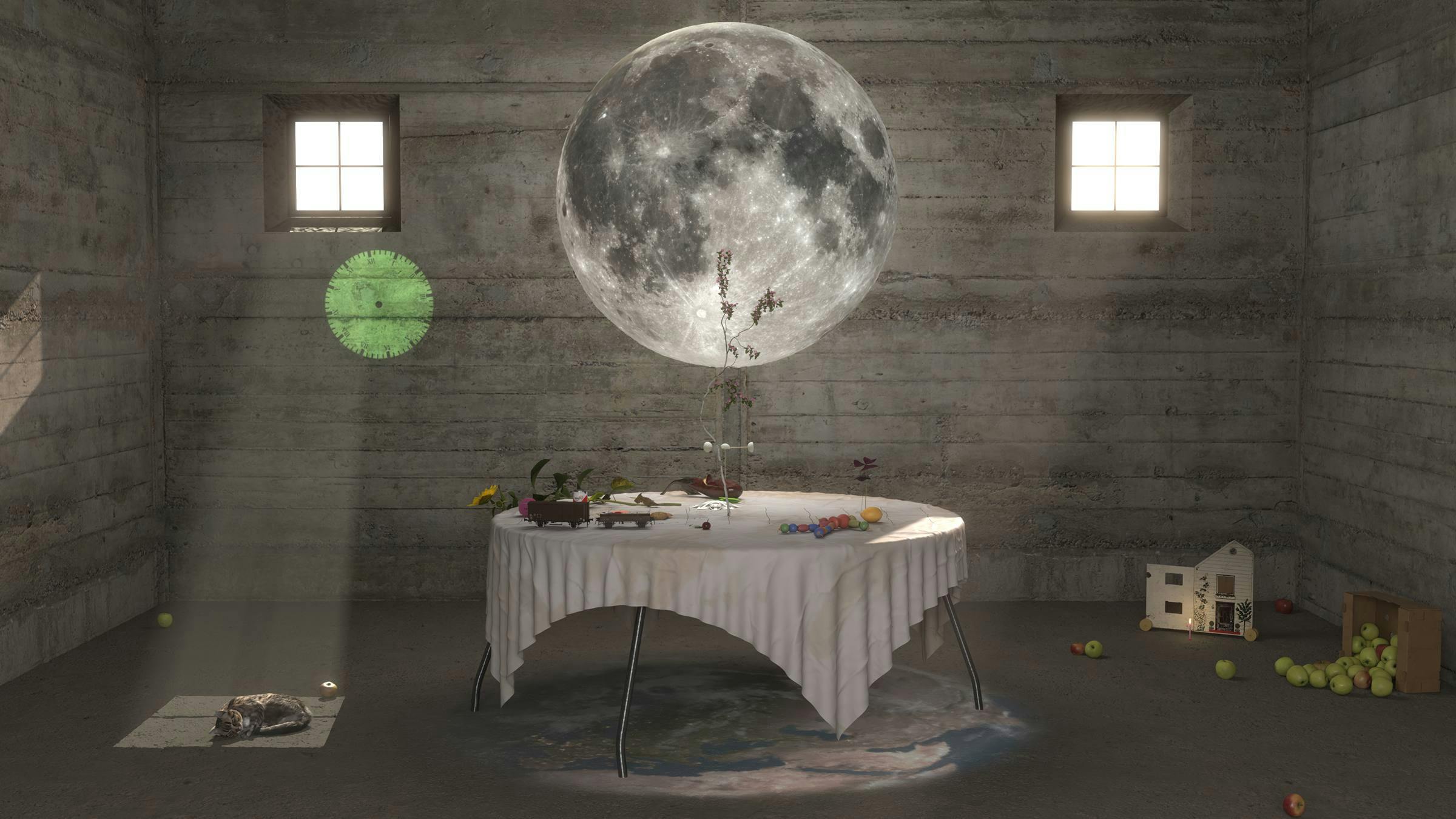 Full moon hovers above a table with a white table cloth on top of it. Light shines through two small square windows on either side.