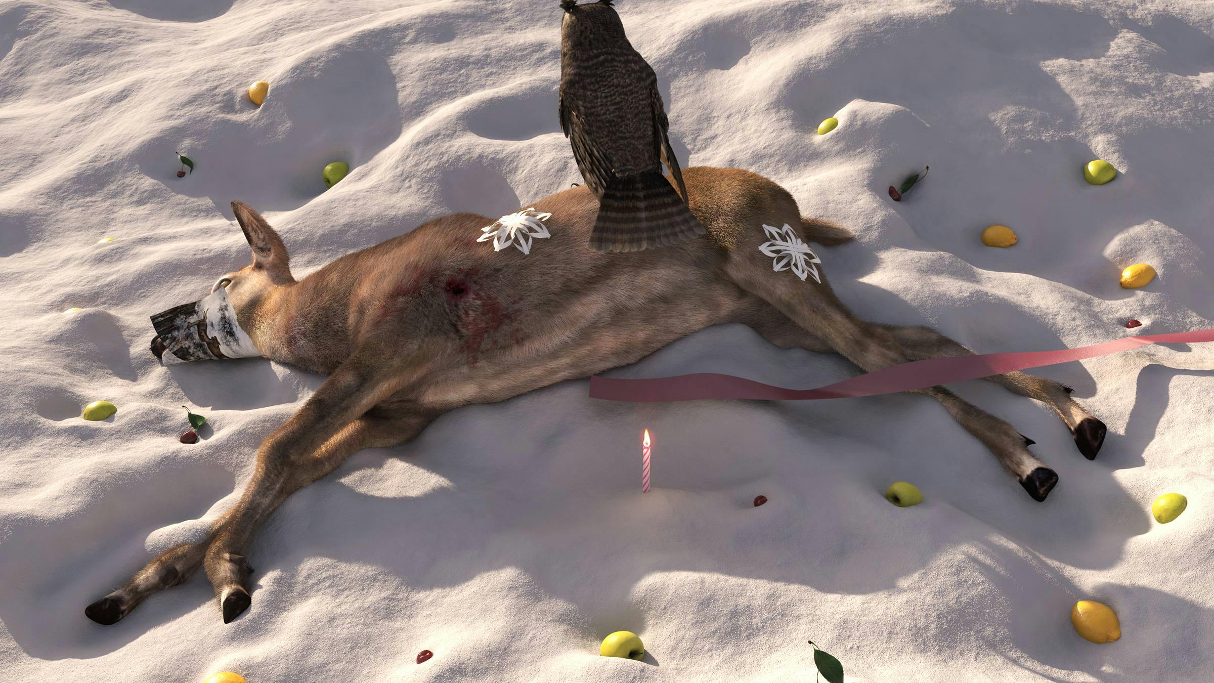 Dead deer with an owl sat on top and large snowflake patterns on its back. Lemons are placed in the snow surrounding it.