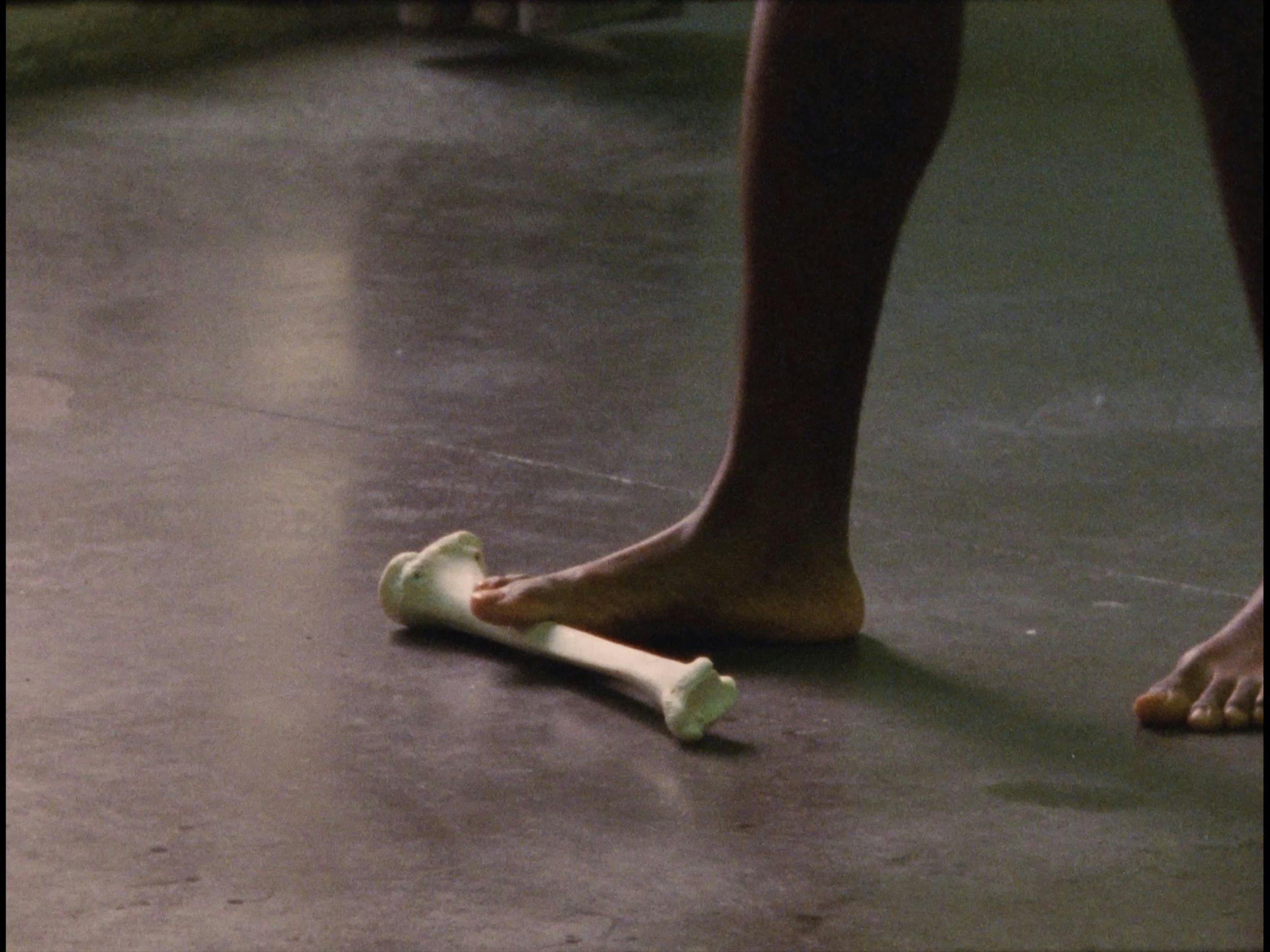 an image of the artists' leg and foot standing on a bone