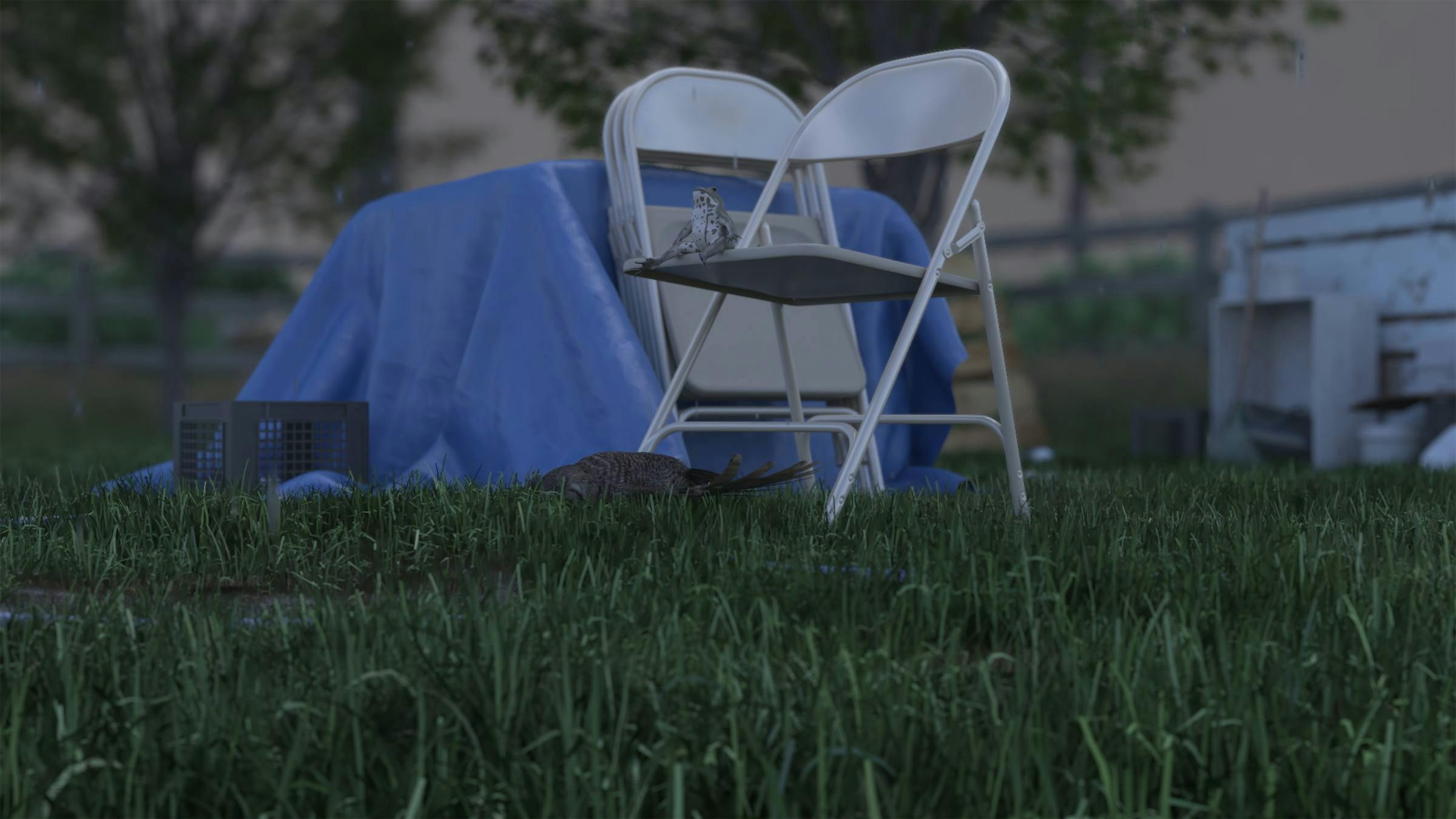 White, stackable chairs are lent against a table with a blue cloth on it. There is grass beneath.